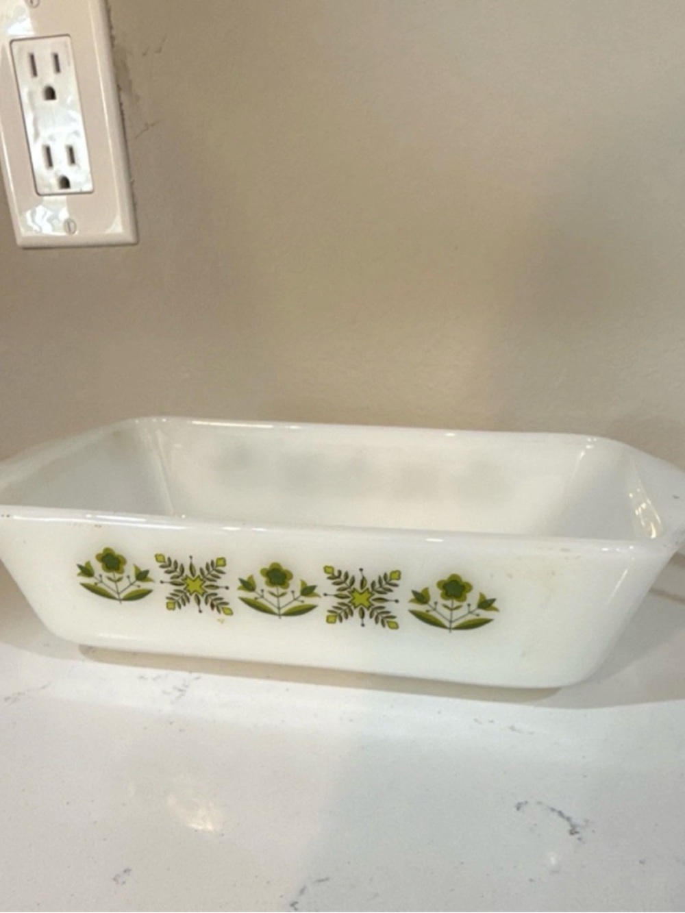 Fire King Vintage Glass Loaf Pan Green Floral Pattern White Yellow
